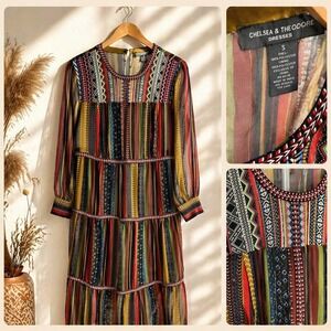 Boho Tribal Stripe Sheer Sleeve Mini Dress Festival Tiered Small